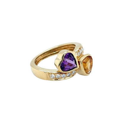 18ct Yellow Gold Amethyst, Citrine & Diamond Heart Ring (M)