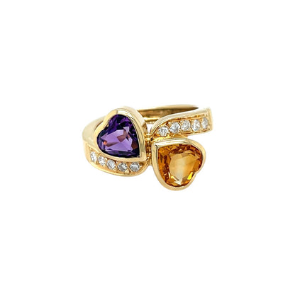 18ct Yellow Gold Amethyst, Citrine & Diamond Heart Ring (M)