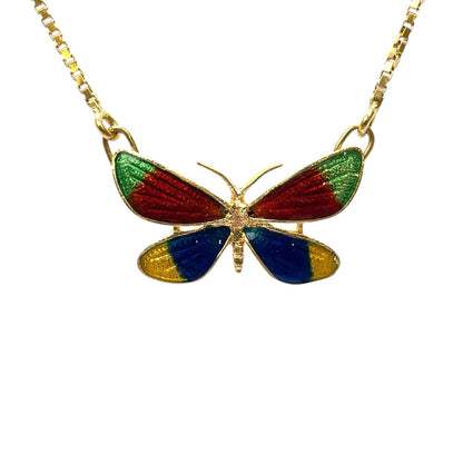 18ct Yellow Gold & Enamel Butterfly Pendant & Chain (16")