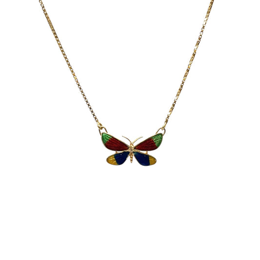 18ct Yellow Gold & Enamel Butterfly Pendant & Chain (16")