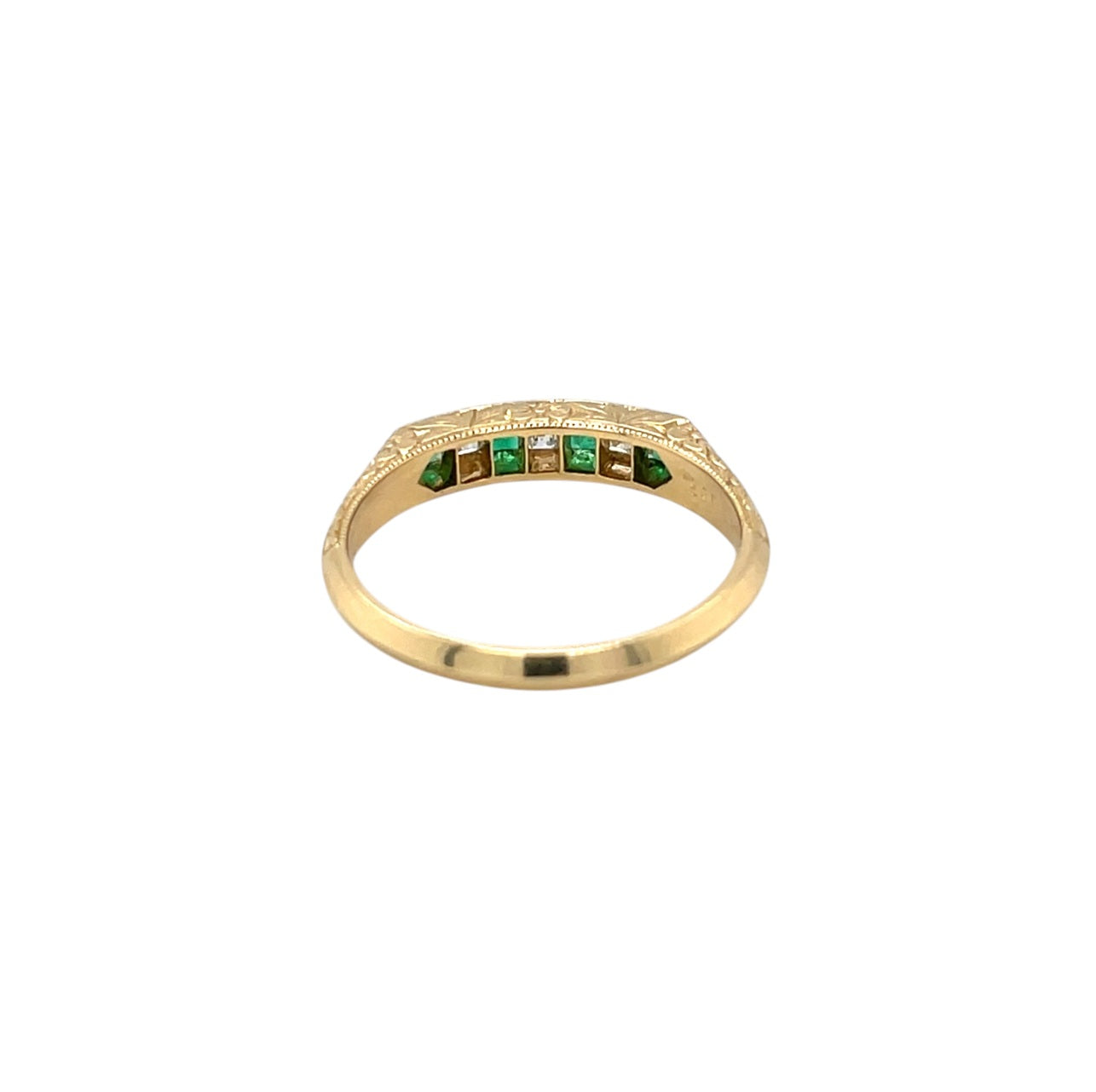 18ct Yellow Gold Emerald & Diamond Engraved Ring (N)