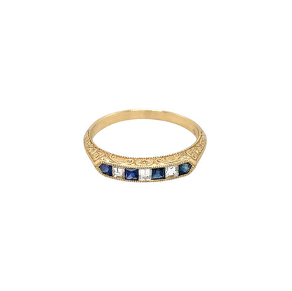 18ct Yellow Gold Sapphire & Diamond Engraved Ring (N)