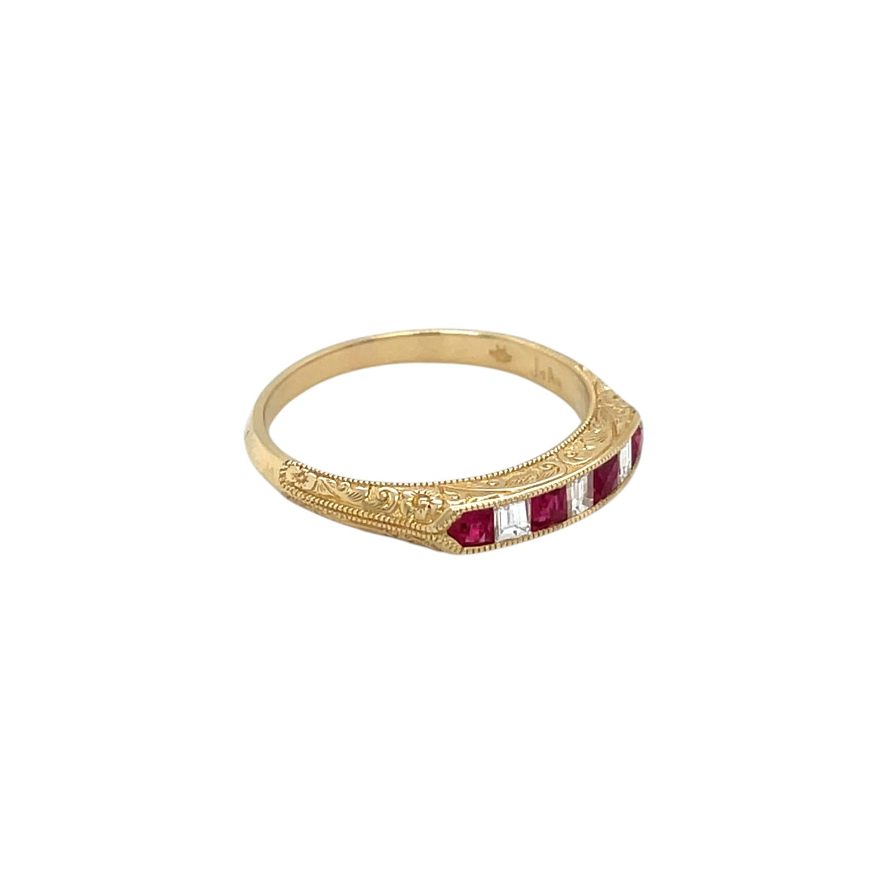18ct Yellow Gold Ruby & Diamond Engraved Ring (N)