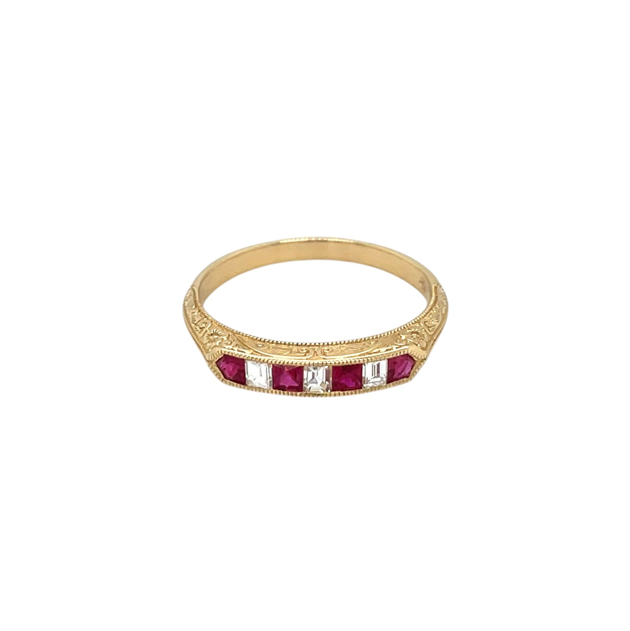 18ct Yellow Gold Ruby & Diamond Engraved Ring (N)