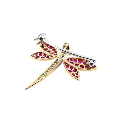 18ct Yellow Gold Ruby & Diamond Dragonfly Brooch