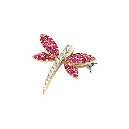 18ct Yellow Gold Ruby & Diamond Dragonfly Brooch