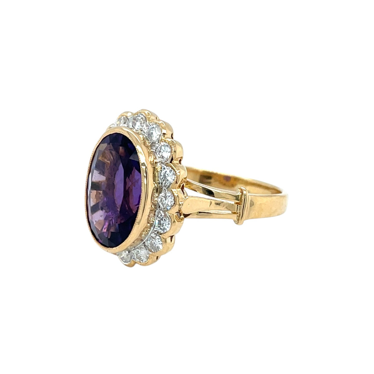 18ct Yellow Gold Amethyst & Diamond Cluster Ring (R)