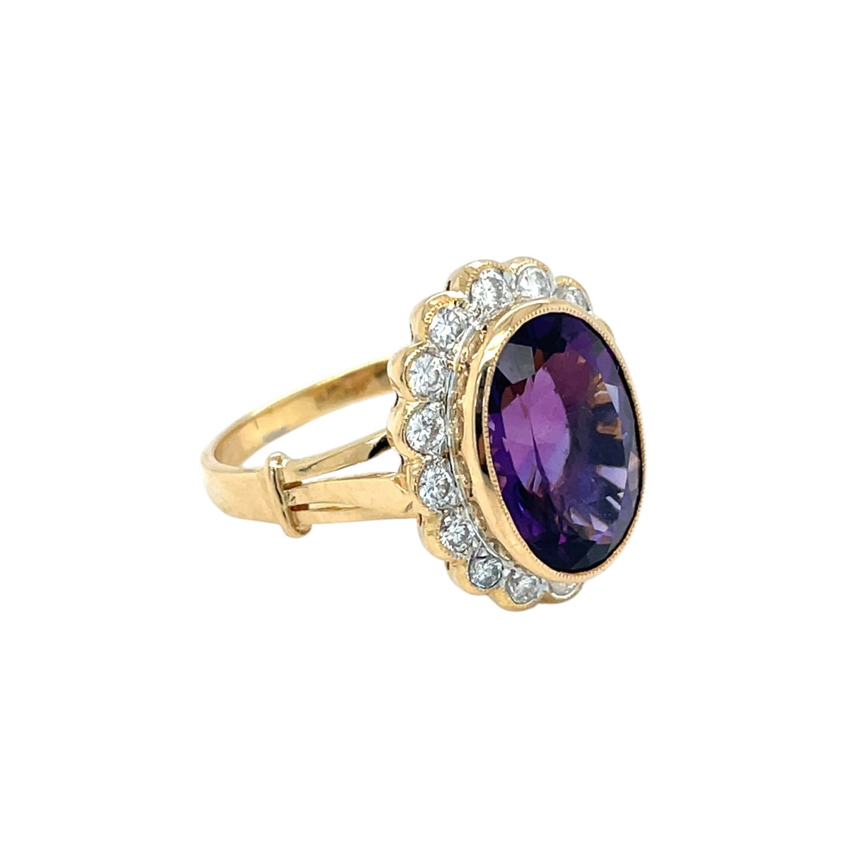 18ct Yellow Gold Amethyst & Diamond Cluster Ring (R)
