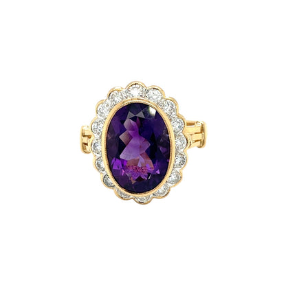 18ct Yellow Gold Amethyst & Diamond Cluster Ring (R)