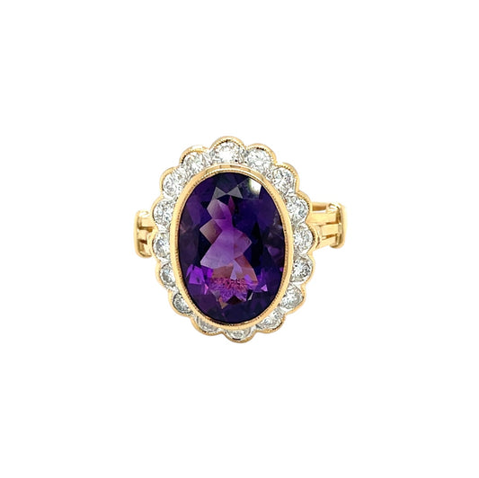 18ct Yellow Gold Amethyst & Diamond Cluster Ring (R)