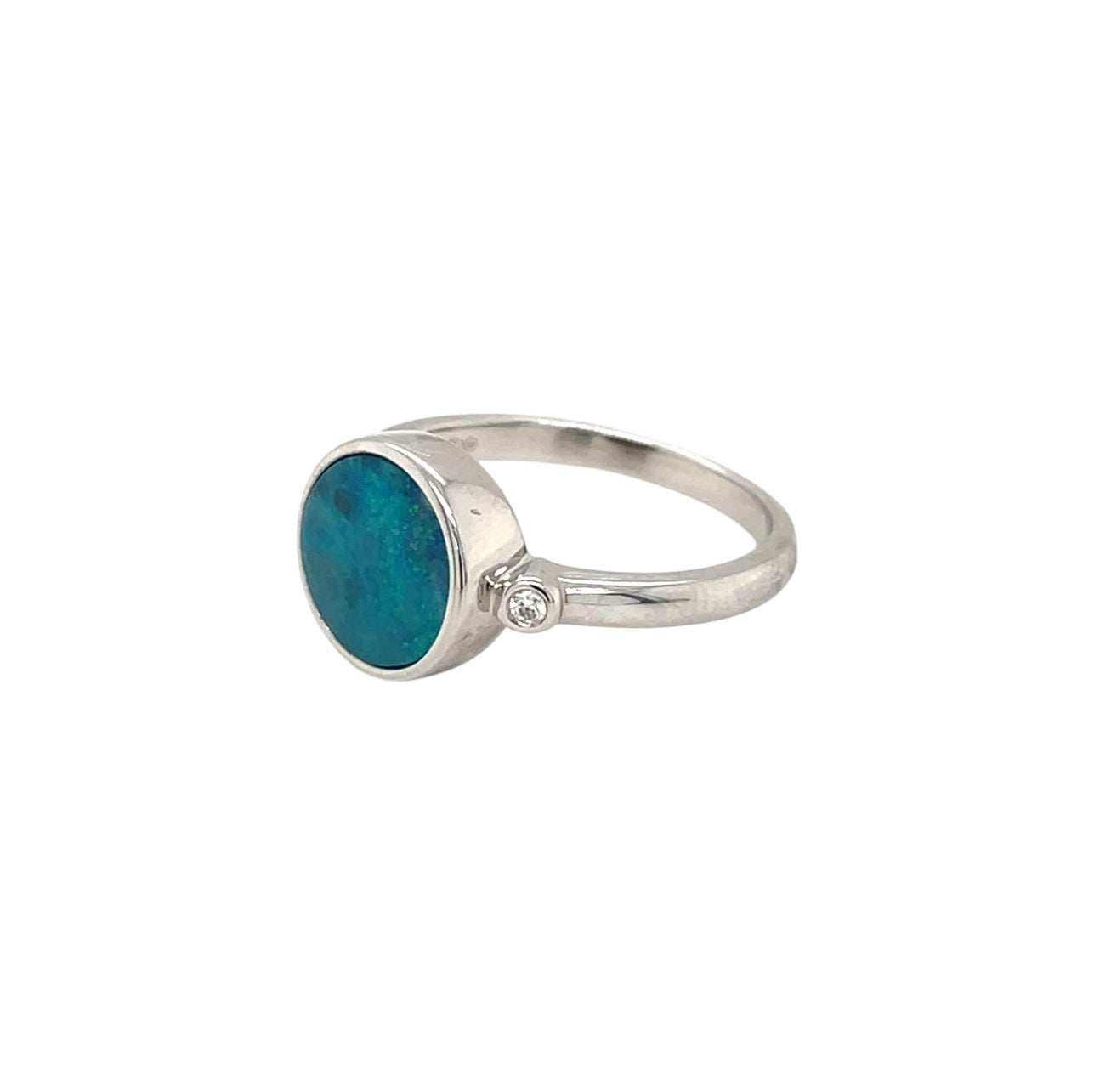Silver Opal Doublet & Diamond Ring (N1/2)