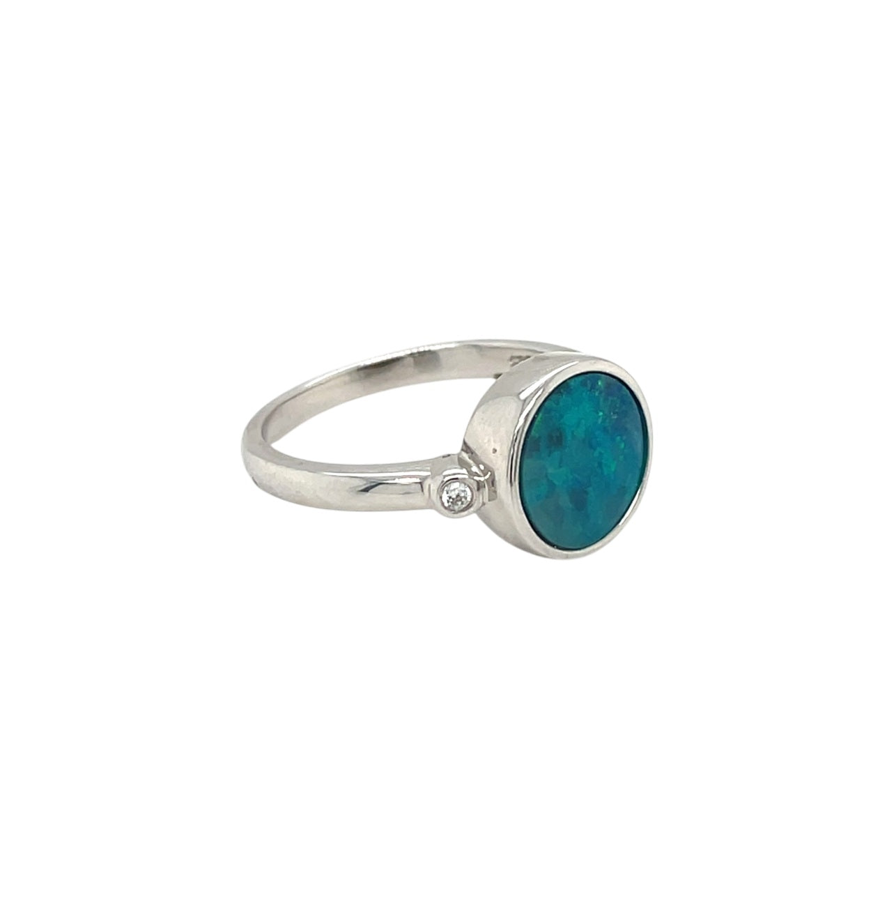 Silver Opal Doublet & Diamond Ring (N1/2)