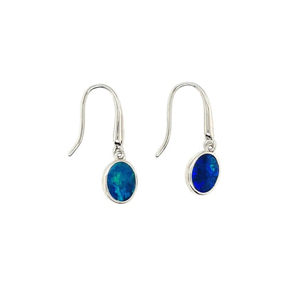 Silver Oval Doublet Opal Shepherd Hook Earrings