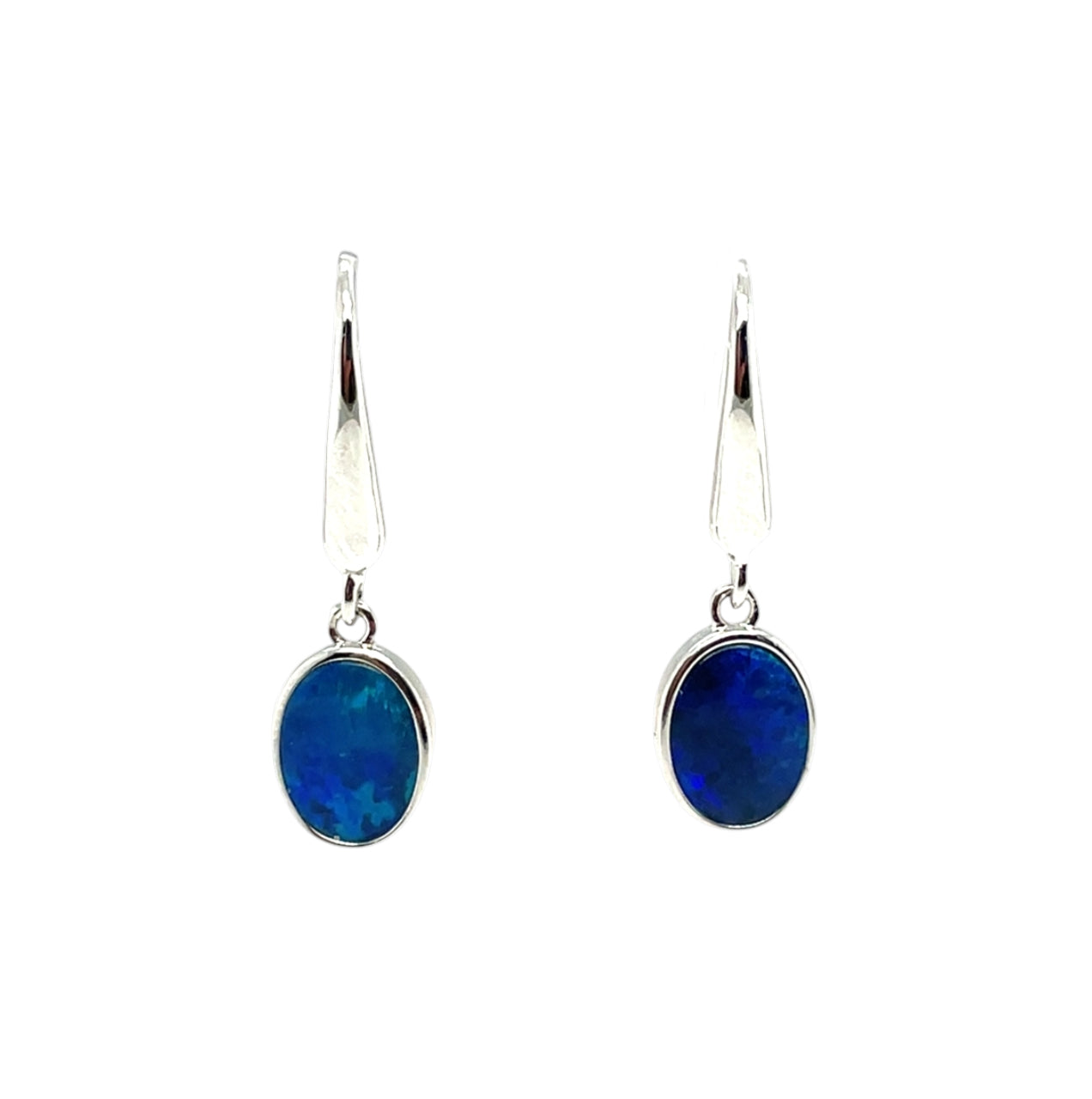 Silver Oval Doublet Opal Shepherd Hook Earrings
