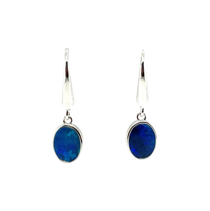 Silver Oval Doublet Opal Shepherd Hook Earrings