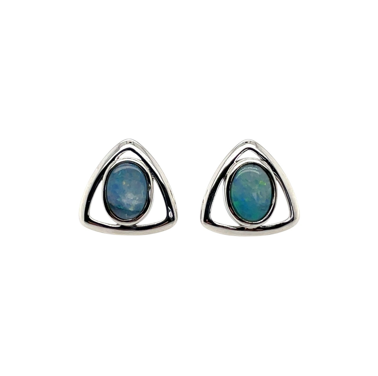 Silver Doublet Opal Triangle Design Earrings