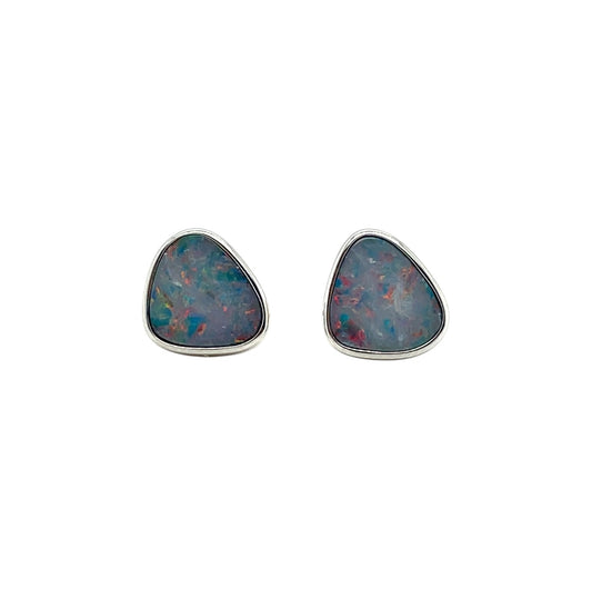 Silver Freeform Doublet Opal Stud Earrings