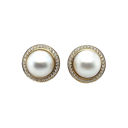 9ct Yellow Gold Mabe Pearl & Diamond Stud Earrings