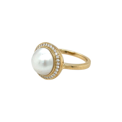 9ct Yellow Gold South Sea Mabe Pearl & Diamond Ring (N)