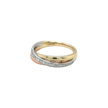 9ct Three Colour Diamond Crossover Ring (N)