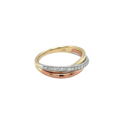 9ct Three Colour Diamond Crossover Ring (N)