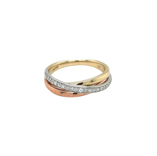 9ct Three Colour Diamond Crossover Ring (N)