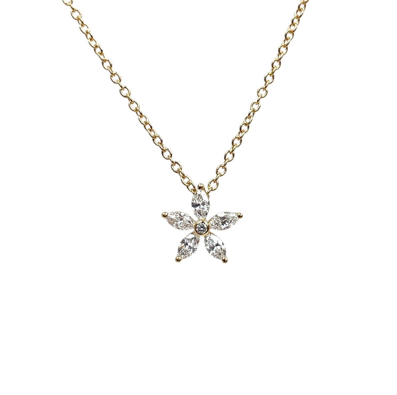 18ct Yellow Gold Diamond Flower Cluster Pendant & Chain (16-17")