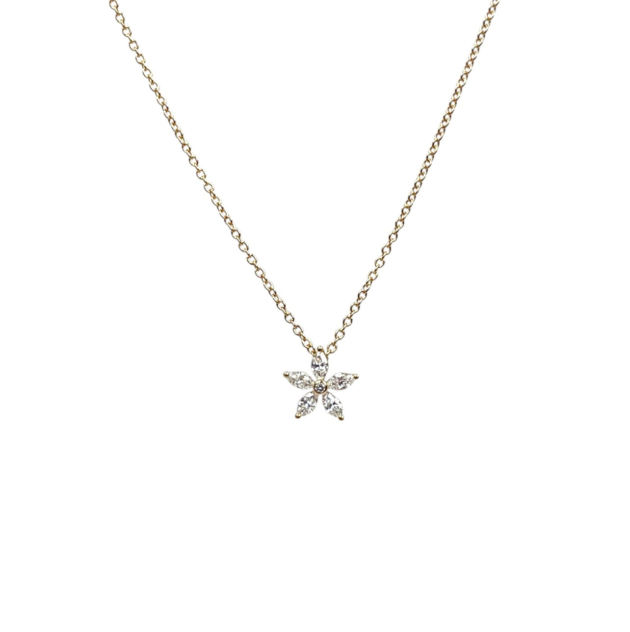18ct Yellow Gold Diamond Flower Cluster Pendant & Chain (16-17")