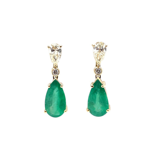 18ct Yellow Gold Emerald & Diamond Drop Earring