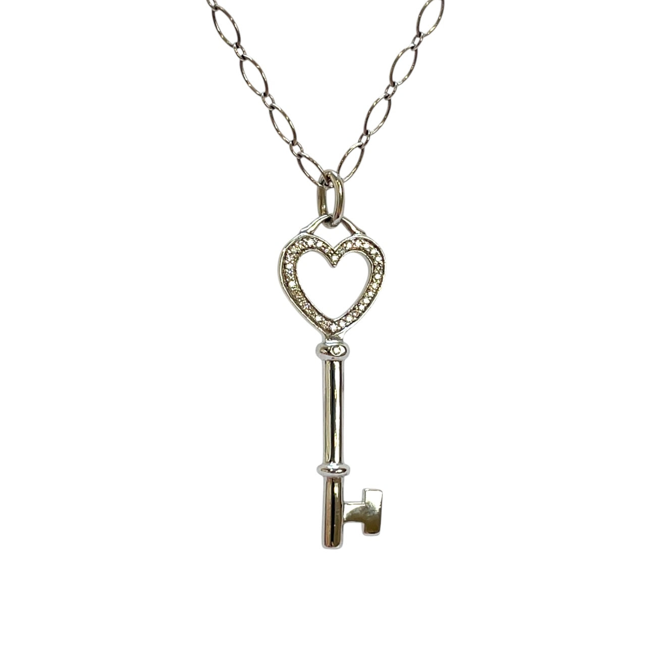 18ct White Gold Tiffany & Co Diamond Key Pendant & Chain (30")