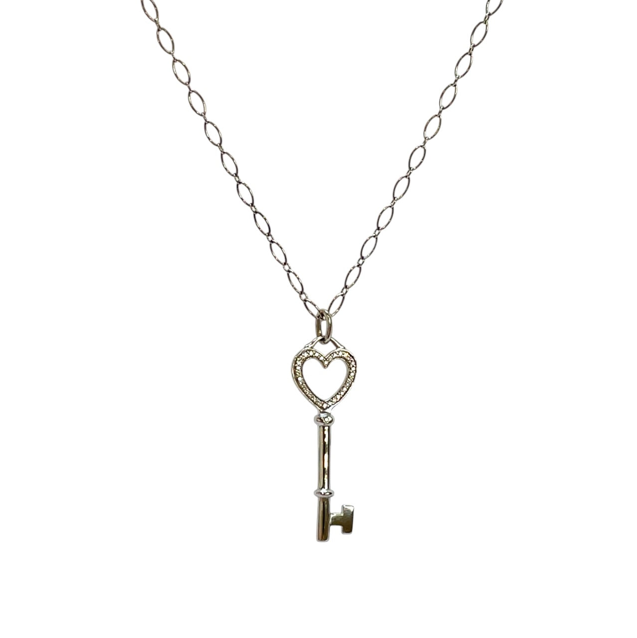 18ct White Gold Tiffany & Co Diamond Key Pendant & Chain (30")