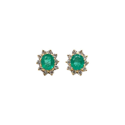 18ct Yellow Gold Emerald & Diamond Cluster Stud Earrings