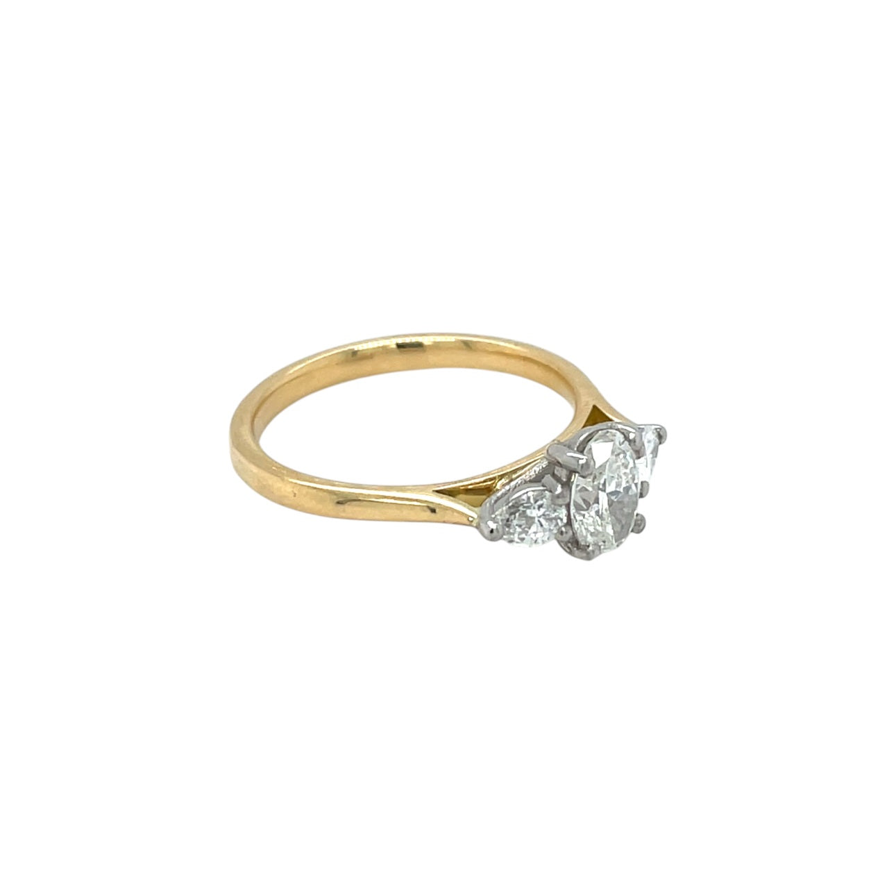 18ct Yellow Gold Oval & Pear Cut Diamond Trilogy Ring (N)