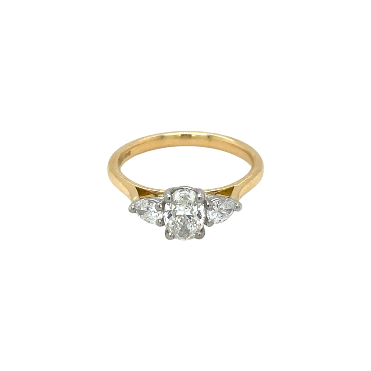 18ct Yellow Gold Oval & Pear Cut Diamond Trilogy Ring (N)