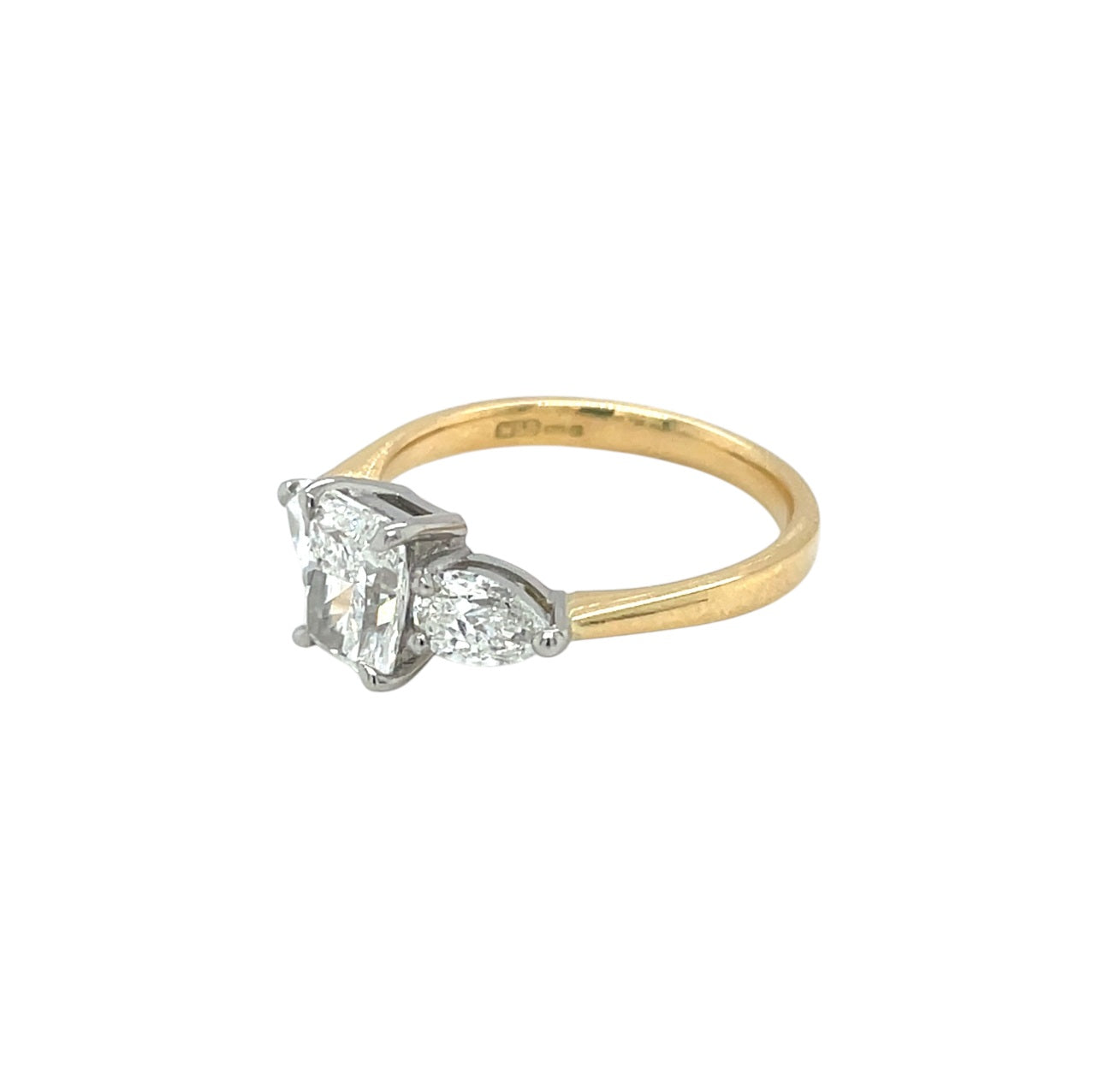 18ct Yellow Gold Radiant & Pear Cut Diamond Trilogy Ring (N)
