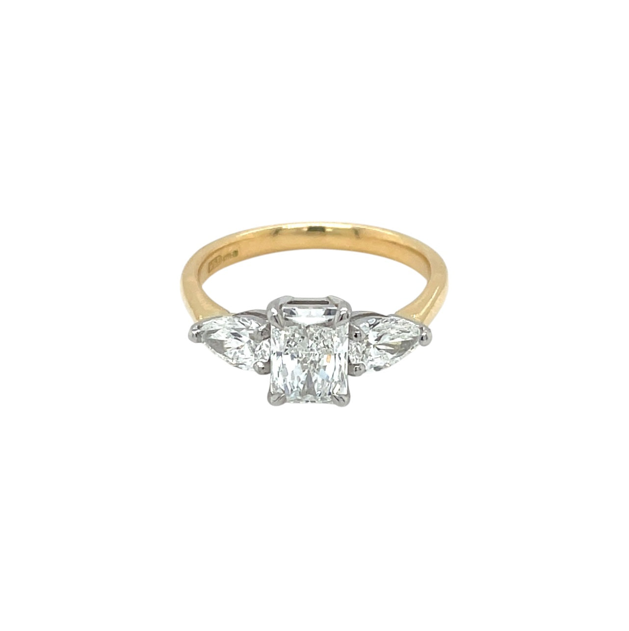 18ct Yellow Gold Radiant & Pear Cut Diamond Trilogy Ring (N)