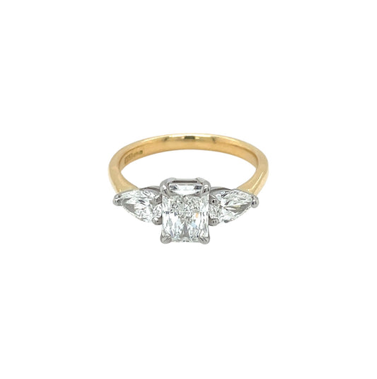 18ct Yellow Gold Radiant & Pear Cut Diamond Trilogy Ring (N)
