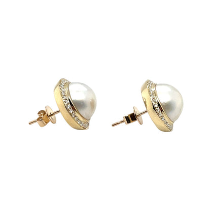 9ct Yellow Gold South Sea Mabe Pearl & Diamond Stud Earrings