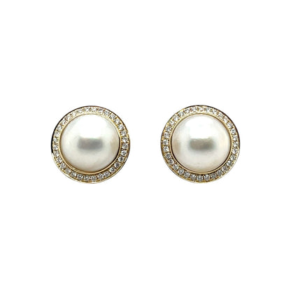 9ct Yellow Gold South Sea Mabe Pearl & Diamond Stud Earrings