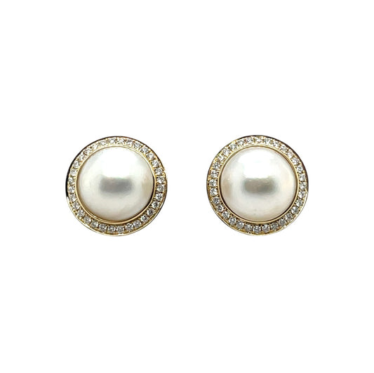 9ct Yellow Gold South Sea Mabe Pearl & Diamond Stud Earrings