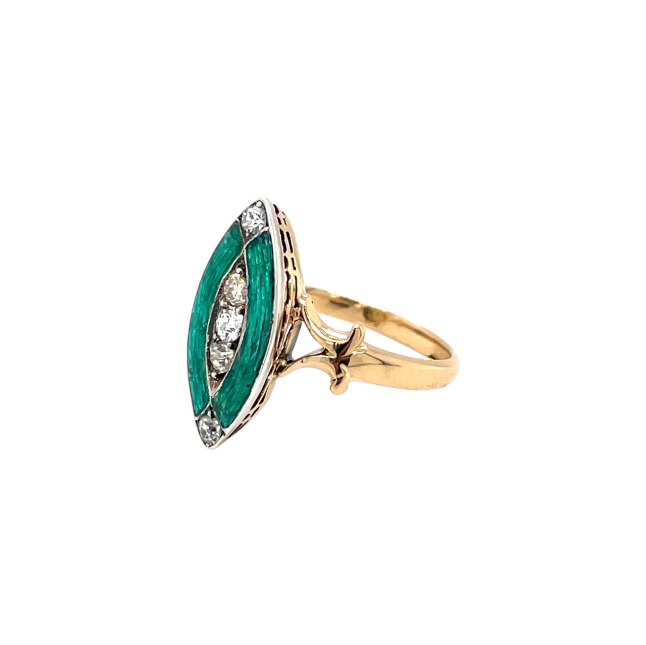 18ct Yellow Gold Diamond & Green Enamel Ring (K1/2)