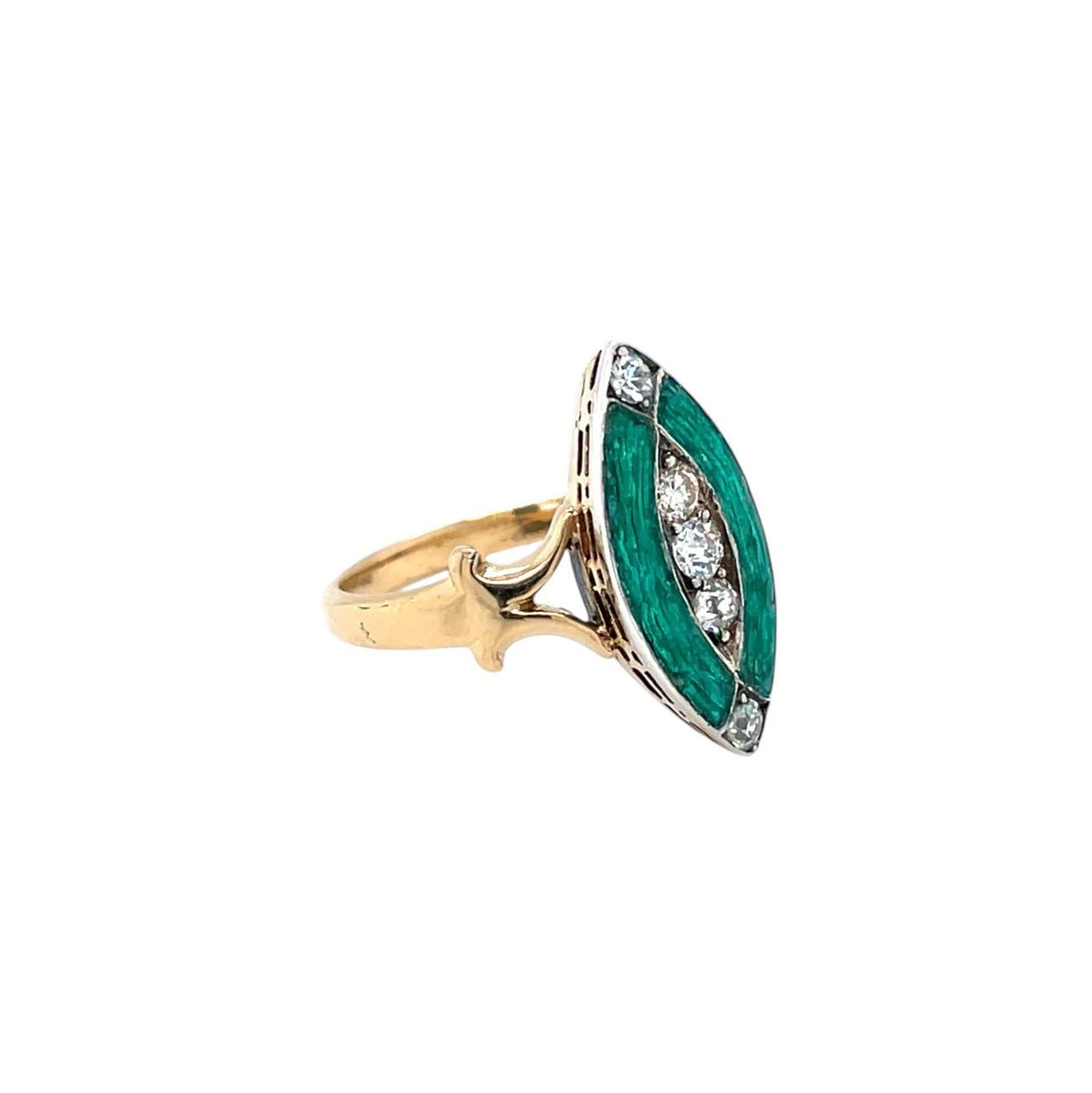 18ct Yellow Gold Diamond & Green Enamel Ring (K1/2)