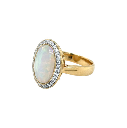 18ct Yellow Gold Opal & Diamond Halo Ring (L)