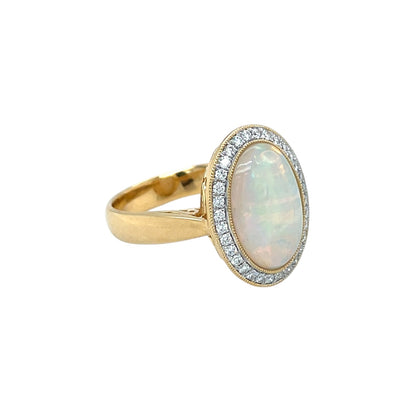 18ct Yellow Gold Opal & Diamond Halo Ring (L)