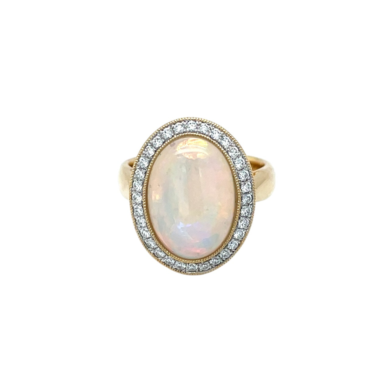 18ct Yellow Gold Opal & Diamond Halo Ring (L)