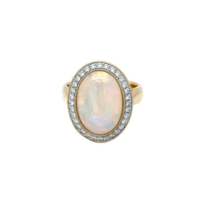 18ct Yellow Gold Opal & Diamond Halo Ring (L)