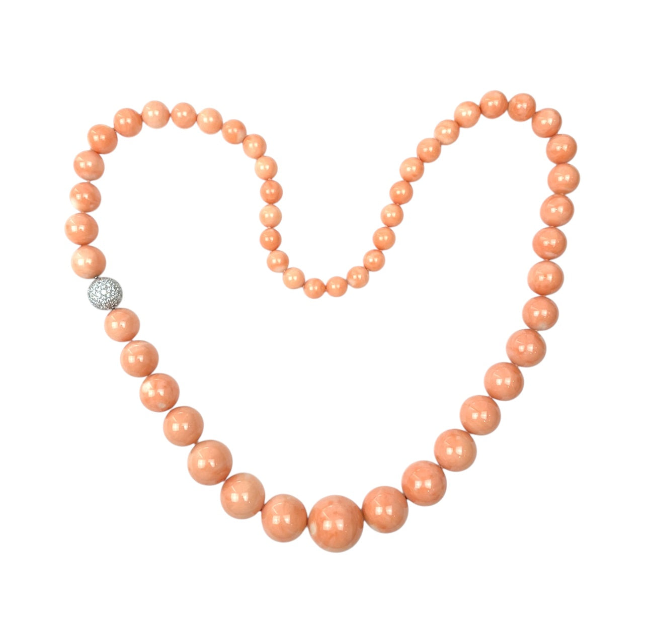 18ct White Gold Diamond Set Clasp Natural Angel Skin Coral Bead Necklace (28")