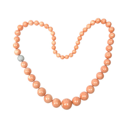 18ct White Gold Diamond Set Clasp Natural Angel Skin Coral Bead Necklace (28")