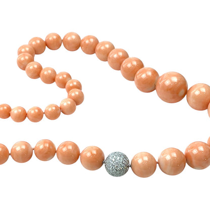 18ct White Gold Diamond Set Clasp Natural Angel Skin Coral Bead Necklace (28")