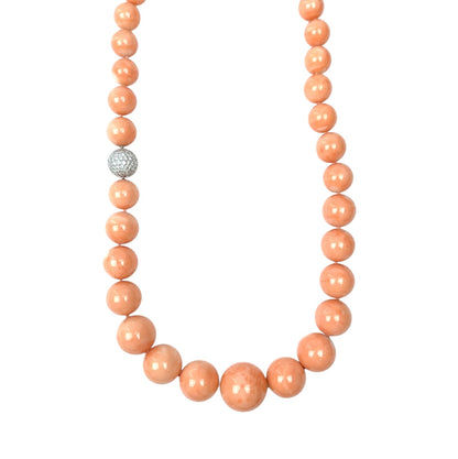 18ct White Gold Diamond Set Clasp Natural Angel Skin Coral Bead Necklace (28")